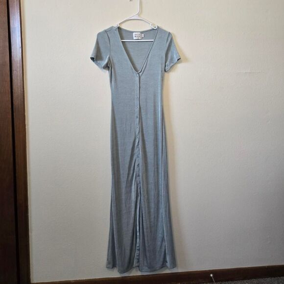 Shine Metallic Button Front Plunge Collar Bodycon Tight Flattering Maxi Dress - Picture 2 of 6